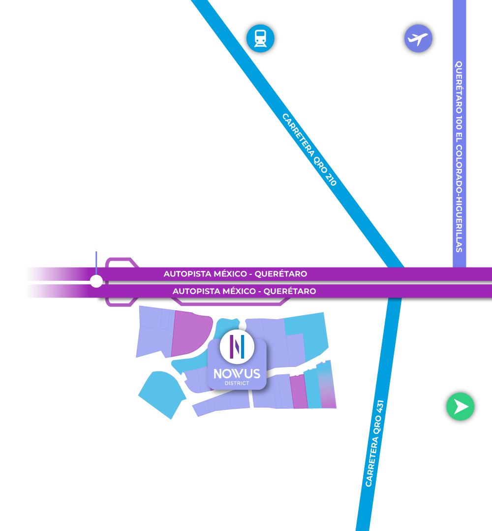 Mapa de conectividad NOWUS District — Autopista México-Querétaro, Carretera QRO 210, QRO 431, tren y aeropuerto